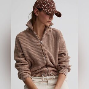 Varley Camel Knit Bomber Jacket- Anderson Zip Through